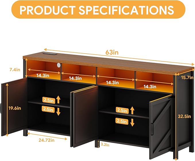 knoworld 63'' Buffet Sideboard with Storage with Power Outlets & LED Light 4 Doors, Large Farmhouse Kitchen Storage Cabinet Wood Coffee Bar Cabinet Buffet Table for Kitchen, Dining Room, Entryway