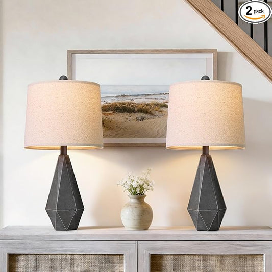 PoKat 23.5'' Farmhouse Table Lamps Set of 2, Rustic Nightstand Lamps for Bedroom, Classic Bedside Lamps for Living Room Office Sideboard with Linen Shade Distressed (Deep Grey)