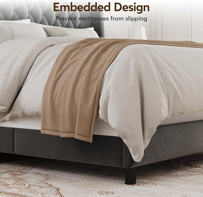Full Bed Frame with 55" Tall Headboard, Upholstered Bed Frames, Soft Fabric, Button Tufted Headboard with Windback, Platform Bed, Noise-Free, No Box Spring Needed, Grey