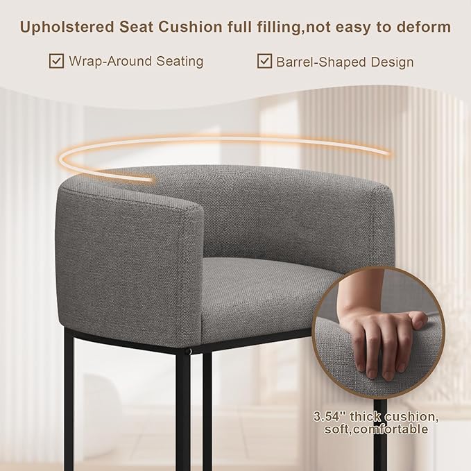 26" H Counter Height Bar Stools Set of 2, Modern Barrel Counter Stools with Backrest and Arms, Linen Fabric Upholstered Accent Barstools for Kitchen Island,Support 450 LBS (Gray)