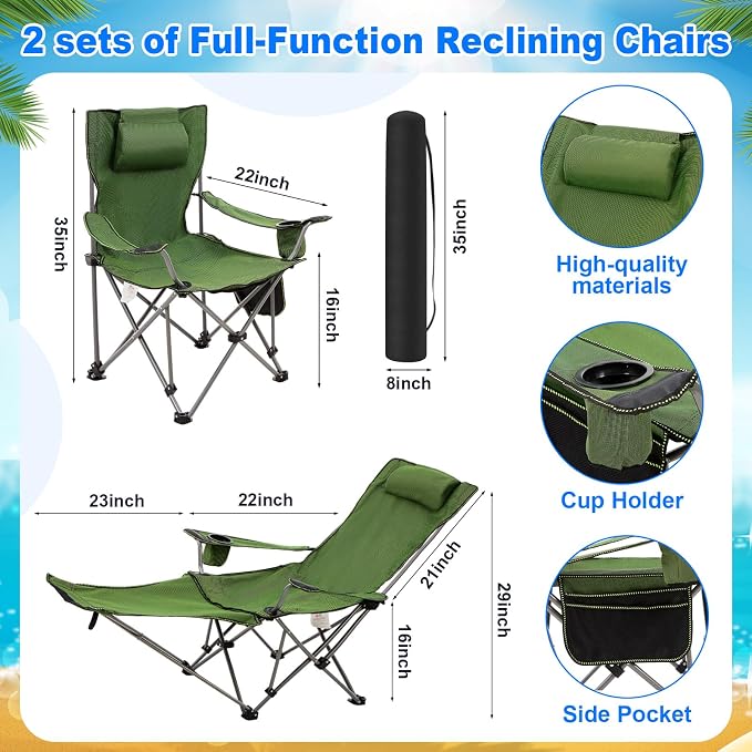 Yuntau 2 Set Reclining Beach Chairs with UPF 50+ Umbrellas Shade, Upgraded Heavy Duty Portable Folding Lounge Camping Chair with Canopy Removable Footrest & Headrest for Outdoor Patio(Green)
