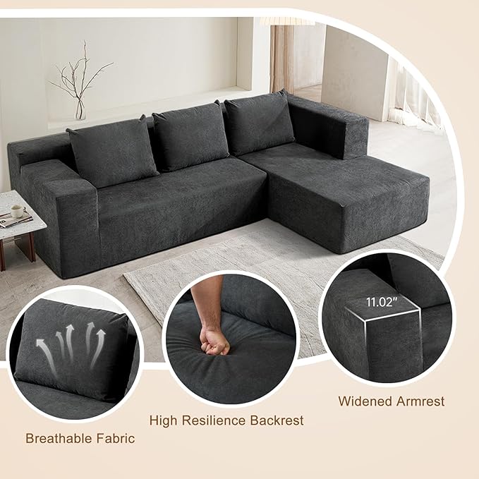 ANONER 103" Modular Sectional Sofa, L-Shaped Boneless Sectional Couch, Modern Minimalist Free Combination Foam Sofa with Deep Seat, Living Room & Apartment Furniture, No Assembly Required, Dark Grey