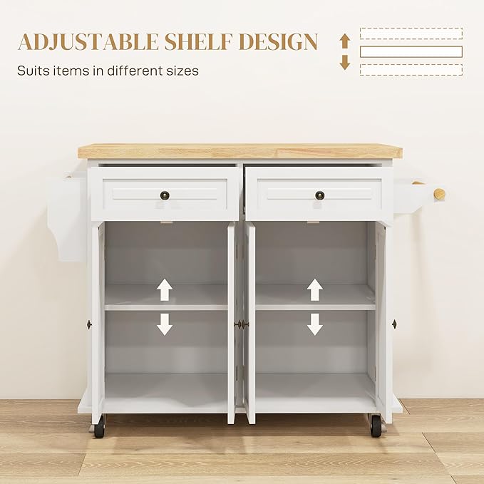 HOMCOM Kitchen Island Cart with Solid Wood Top, 44" Mobile Kitchen Island Table on Wheels with Storage Cabinets, 2 Drawers, Adjustable Shelves, Spice Rack & Towel Bar for Dining Room, Cream White