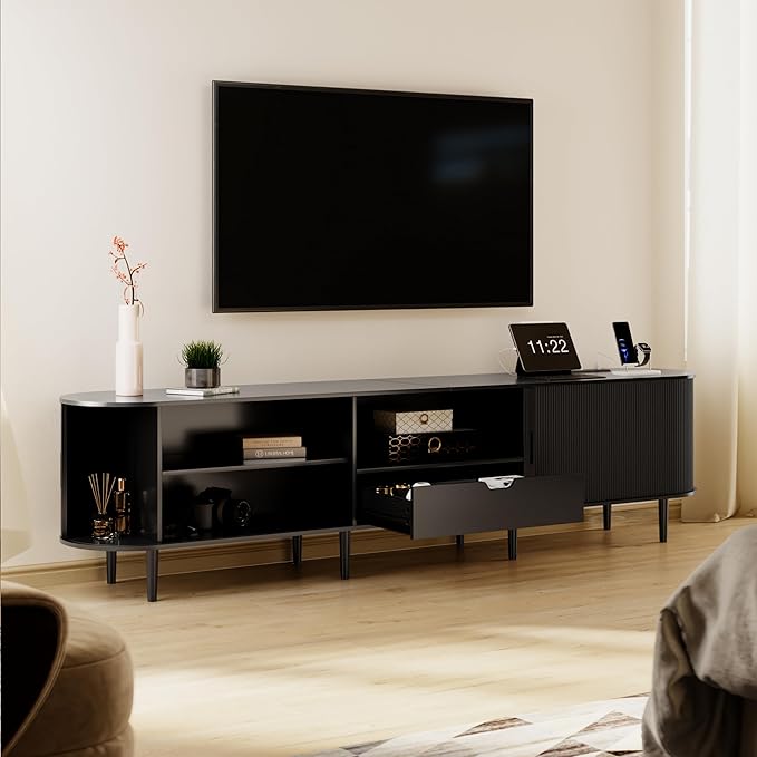 DHH 86.6" Fluted TV Stand with Power Outlet for TVs up to 90", TV Console with Adjustable Shelves and Sliding Door,Mid Century Modern Entertainment Center for Living Room,Bedroom (Black, 86.6Inch)