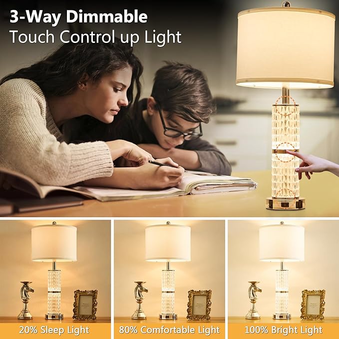 SAIWEYA Crystal Table Lamps Modern 3-Way Dimmable Bedside Lamp with 2 USB Ports & AC Outlets for Living Room Bedroom Nightstand Lamp Night Light