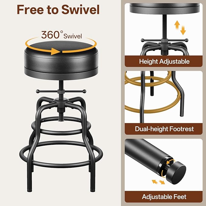 Raynesys Adjustable Height Swivel Bar Stools Set of 3, 22-29 Inch Industrial Vintage Bar Counter Height Stools with Thicken Premium Bonded Leather Seats & Updated Footrests, Easy Assembly, Black