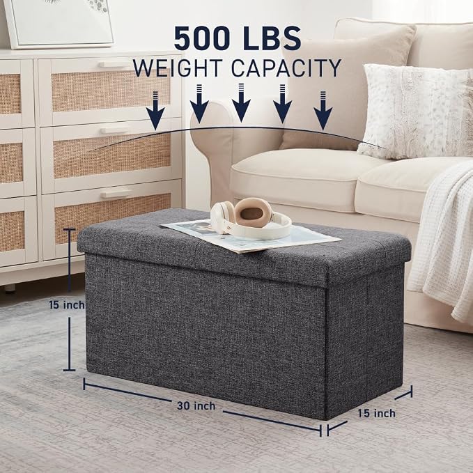 Ornavo Home Folding Storage Ottoman, 30 Inch Large Storage Bench with Lid, Foot Rest Stool for Bedroom, Living Room, Entryway, Tufted Linen Upholstered - Dark Gray