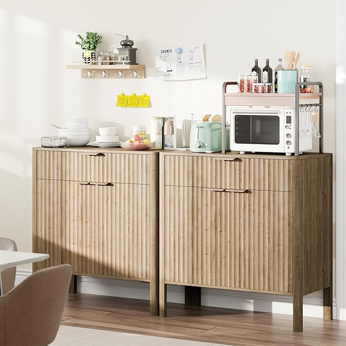 Fluted Buffet Cabinet with Storage - Modern Sideboard Accent Credenza with Doors & Drawer Wood Console Coffee Table Bar Counter for Living Room Kitchen Dining Room Entryway, Easy Assembly 31" Oak