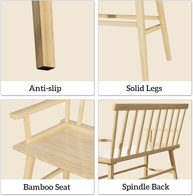 Dining Bench for Kitchen & Dining Room – Bamboo Wood Bench with Spindle Back & Armrests, Farmhouse Entryway Bench, Indoor Bedroom Bench, Versatile Entry Bench & Outdoor Bench Seating（Natural with Arm）