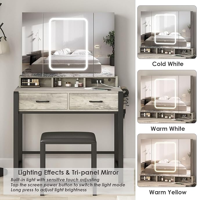 Fameill Vanity Desk with Lighted Mirror and Power Strip,Tri-Fold Mirror Makeup Vanity Table with Lights,2 Drawers Vanity Set with Hidden Storage Shelves,3 Color Lighting Modes,35.4in(L)