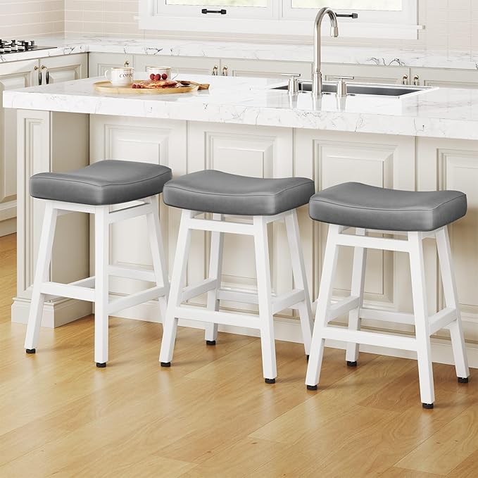 Raynesys Counter Height Bar Stools Set of 3, 24 Inch Barstools for Kitchen Counter, Kitchen Stools with Bonded Leather Saddle Seats & Heavy Duty Metal Legs, Easy Assembly, Gray/White