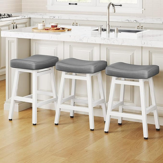 Raynesys Counter Height Bar Stools Set of 3, 24 Inch Barstools for Kitchen Counter, Kitchen Stools with Bonded Leather Saddle Seats & Heavy Duty Metal Legs, Easy Assembly, Gray/White
