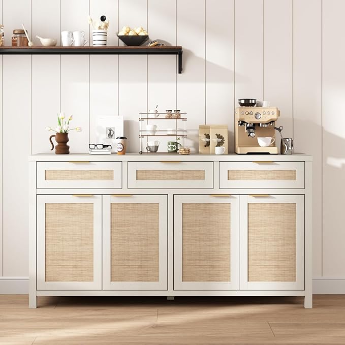 HOKYHOKY Rattan Sideboard Buffet Cabinet, Boho Storage Cabinet with Adjustable Shelves, Farmhouse Credenza Coffee Bar Cabinets with 4 Doors & 3 Drawers for Living Room, Hallway & Kitchen