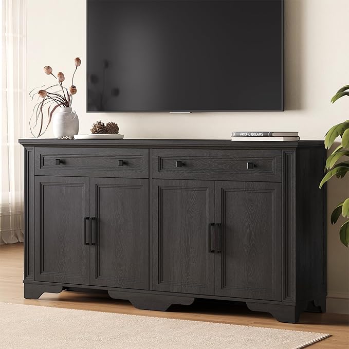 ONBRILL 63" Sideboard Buffet Cabinet, Kitchen Buffet Storage Cabinet, Large Credenza with Drawers & Doors, Wood Coffee Bar Console Wine Bar for Living Room Hallway Black
