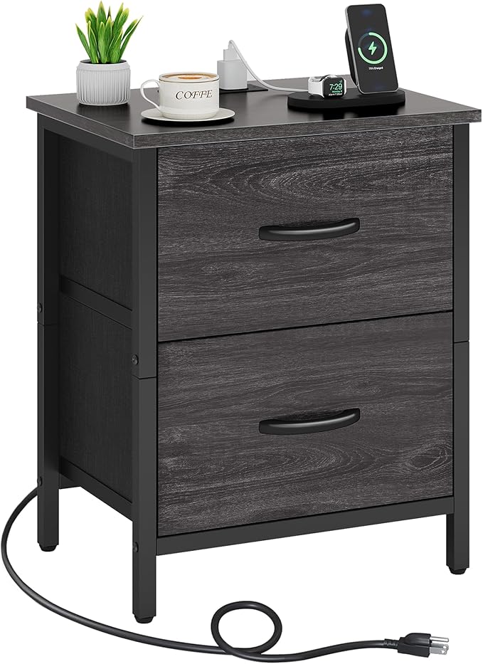 Vagusicc Nightstand with Charging Station, Bedside Table with USB Ports and Outlet, End Table Side Table with 2 Fabric Drawers for Bedroom, Living Room, Gray Walnut