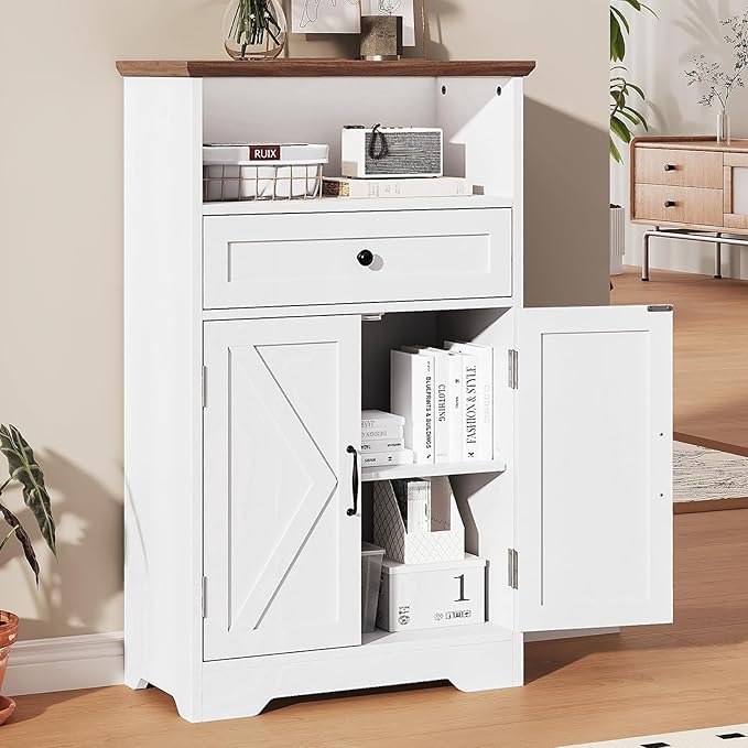 Floor Cabinet, Farmhouse Storage Cabinet with Barn Doors and Drawer, Freestanding Adjustable Shelf Organizer for Bathroom, Kitchen, Living Room White
