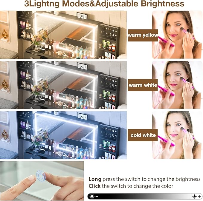Makeup Vanity Desk with Large Mirror and Lights,Vanity Table with Glass Top,9 Drawers,3 Color Modes,Sliding 2 Wall Mounted Jewelry Storage Racks,Suitable for Bedroom Ladies and Girls (Black)