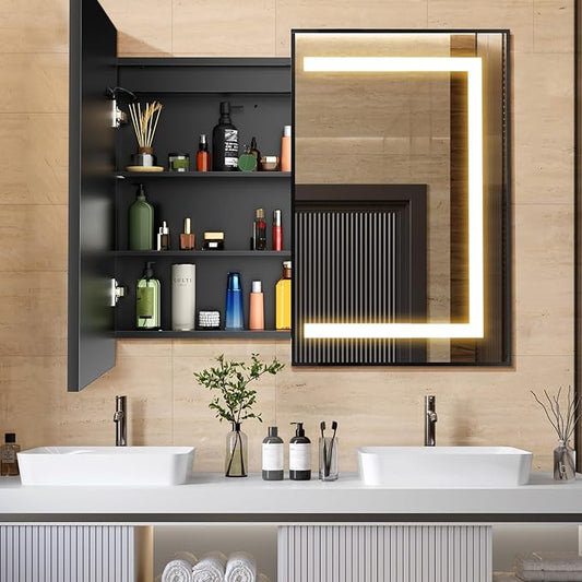 APRILSOUL 40x32 Inch Lighted Bathroom Medicine Cabinet with Mirror, Black Recessed or Surface Mount Medicine Cabinet Mirror with Storage and LED Lights, 3 Colors Temperature, Dimmable Light