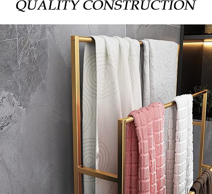 3 Tier Standing Towel Rack - Extra Wide Large Bathroom Towel Stand, Heavy-Duty Metal Towel Drying Rack for Poolside (Matte Gold, 25.6” Wide)