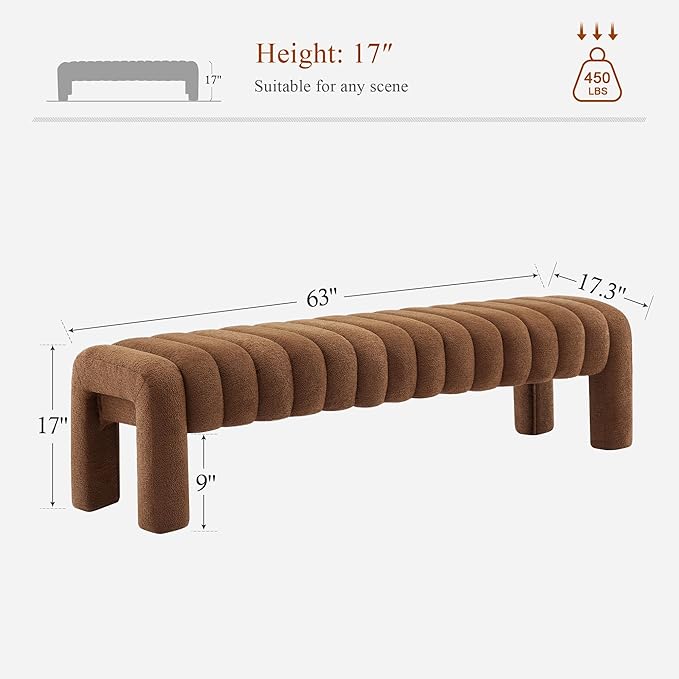 63’’ Bedroom Bench, Upholstered End of Bed Bench with Solid Wood Legs, Modern Cushioned Dining Bench with Full Covered Fabrics for Entryway, Bedroom, Living Room (Rust Brown, Boucle)