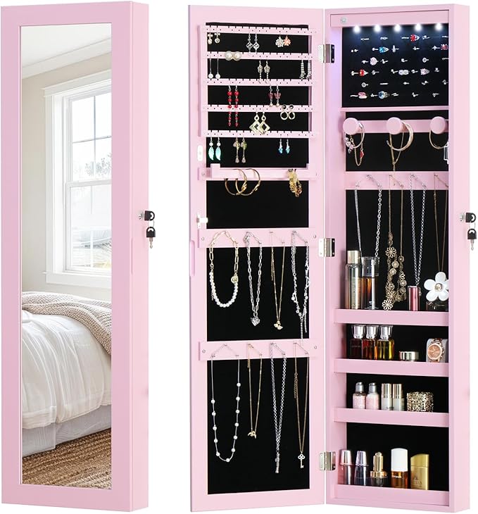 Full Length Mirror Jewelry Cabinet Organizer Lockable Door Wall-Mounted Jewelry Armoire with Shelves and Behind the Door Storage Pink