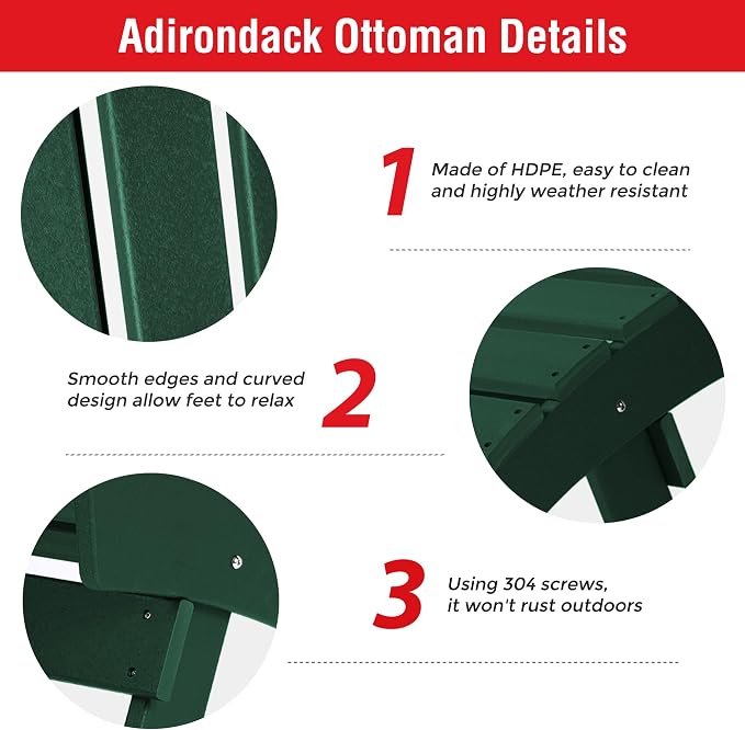 Costaelm Adirondack Chair Footrest, Patio Footstool, Ottoman Outdoor Foot Rest for Patio Waterproof, Adirondack Ottoman Patio Footstool, Dark Green