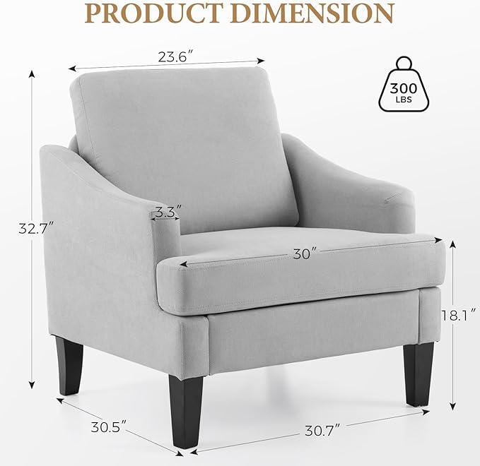 Bezseller Modern Accent Chairs Set of 2, Upholstered Reading Armchair with Wood Legs, Mid-Century Leisure Comfy Single Sofa Chair for Living Room, Bedroom, Home, Office, Light Grey