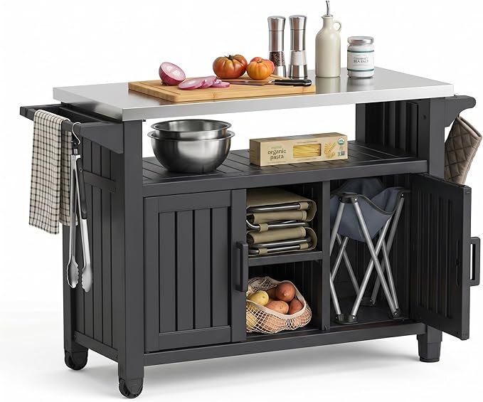 EasyUp Outdoor Storage Cabinet,Patio Storage Table, Bar Table with Wheels,Outdoor Bar Cart for Patio, Poolside and Backyard,Black