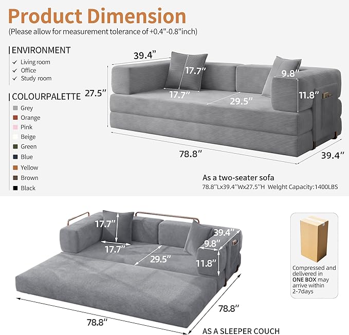 78.8" Convertible Sofa Bed with Armrest Pillow, 4-in-1 Sleeper Couch Bed for Livingroom, Modular Corduroy Boneless couches, No Assembly (Grey)