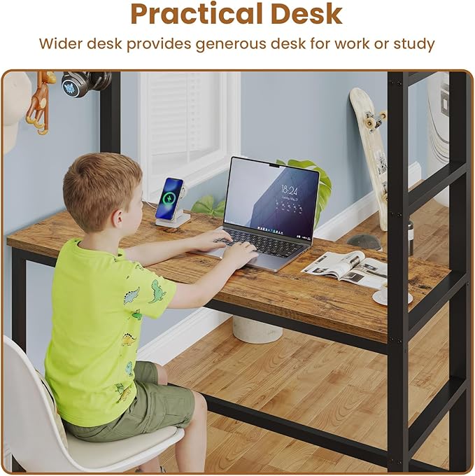 BTHFST Twin Loft Bed with Desk & 8 Storage Drawers Tall Dresser, Metal Loft Bed with LED Lights & Charging Station, 2-Tier Storage Shelves, Stable & Sturdy, Noise Free, Rustic Brown and Black