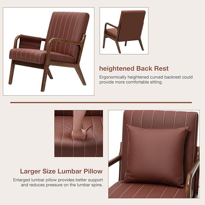 HOMMPA Mid-Century Modern Accent Chair Set of 2, Comfy Reading Armchair with Solid Wood Frame & Lumbar Pillow, Upholstered Linen Lounge Chair with Side Pocket for Living Room, Bedroom,Balcony (Brown)
