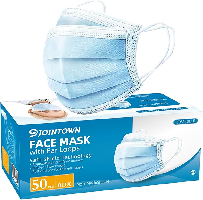 Jointown 使い捨てフェイスマスク - 3層フィルター保護、50枚入り、ブルー