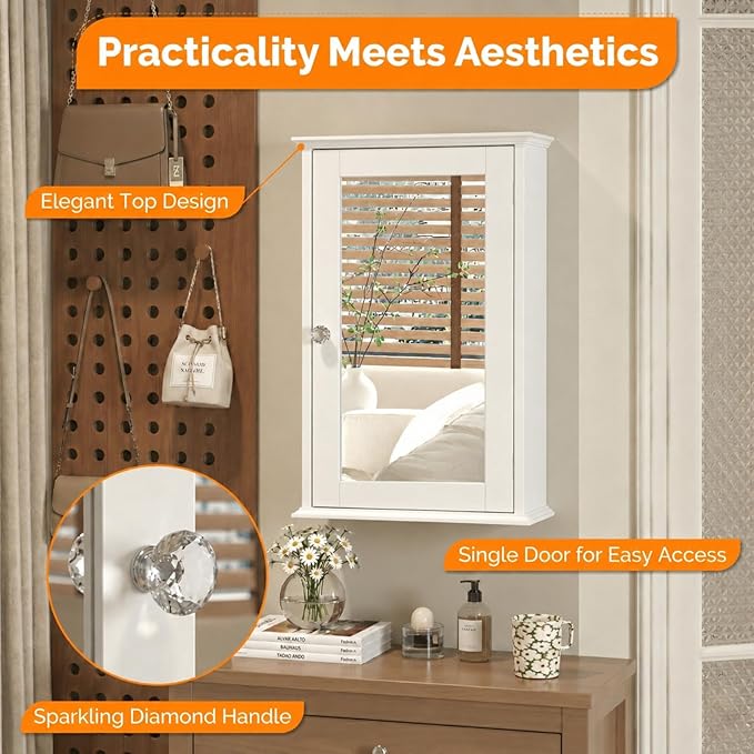 VINGLI Bathroom Wall Cabinet Wall Mount Mirrored Medicine Cabinet with Mirror Storage Organizer with Single Mirror Door and 2 Adjustable Shelves White