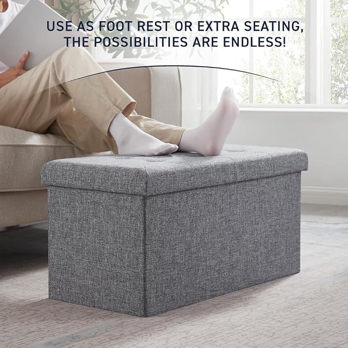 Ornavo Home Folding Storage Ottoman, 30 Inch Large Storage Bench with Lid, Foot Rest Stool for Bedroom, Living Room, Entryway, Tufted Linen Upholstered - Gray