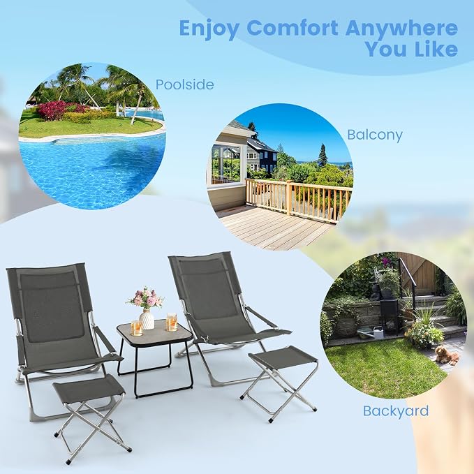 Giantex 5-Piece Patio Bistro Set, Folding Lounge Chairs with Footrest Stool & Side Table, Removable Cushion, Headrest, Armrest, Outdoor Conversation Furniture for Porch Balcony Yard Pool
