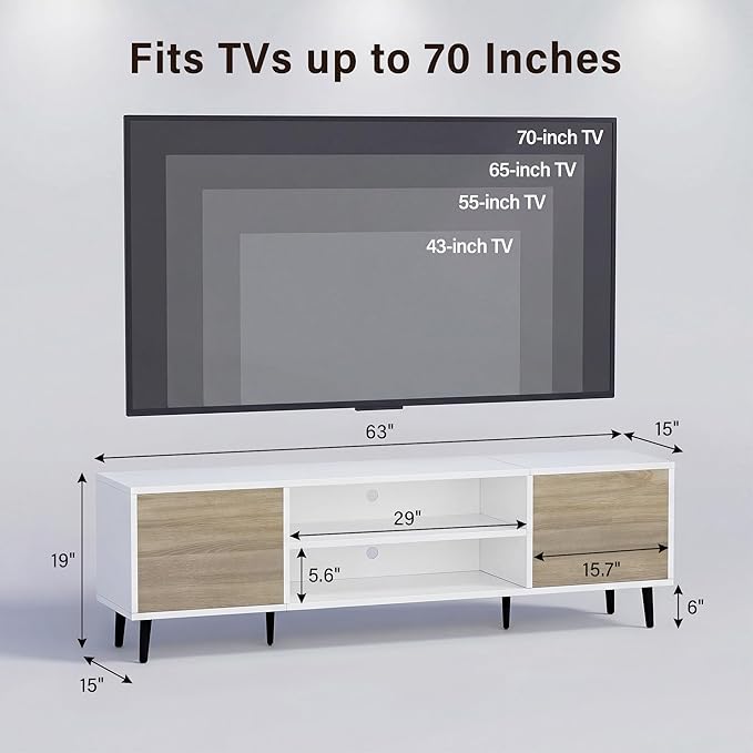 JUMMICO Mid-Century Modern TV Stand for 65-70 Inch TVs, 63 Inch Media Console with Storage, Entertainment Center with Push-Open Cabinets and Cable Management for Living Room (Oak, 63 Inches)