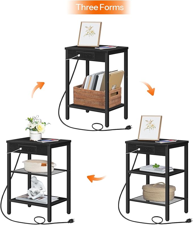 HOOBRO Side Table with Charging Station and USB Port, Small End Table for Small Space, 3-Tier Nightstand with Adjustable Shelf, for Living Room, Bedroom, Black BB112BZ01