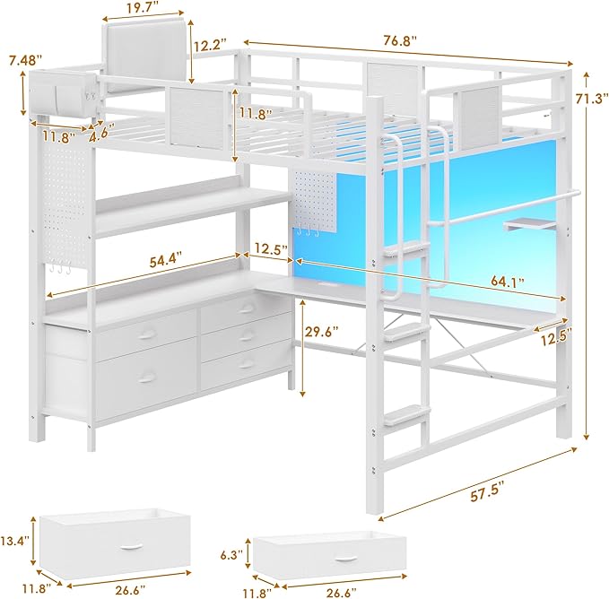 Dnxao Full Size Loft Bed with Desk and 5 Storage Drawers, Heavy Duty Metal Loft Bed with Charging Station, LED Lights & Pegboard, Space-Saving Workstation for Teens & Adults, White