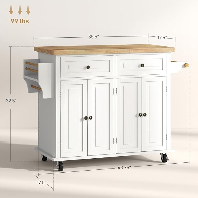 HOMCOM Kitchen Island Cart with Solid Wood Top, 44" Mobile Kitchen Island Table on Wheels with Storage Cabinets, 2 Drawers, Adjustable Shelves, Spice Rack & Towel Bar for Dining Room, Cream White