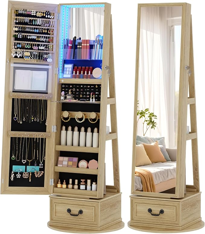 Vlsrka Mirror Jewelry Cabinet Standing, 360° Swivel Jewelry Armoire with Full Length Mirror, Lockable Mirror with Jewelry Storage, 3-Color LED Lights, Foldable Makeup Shelf