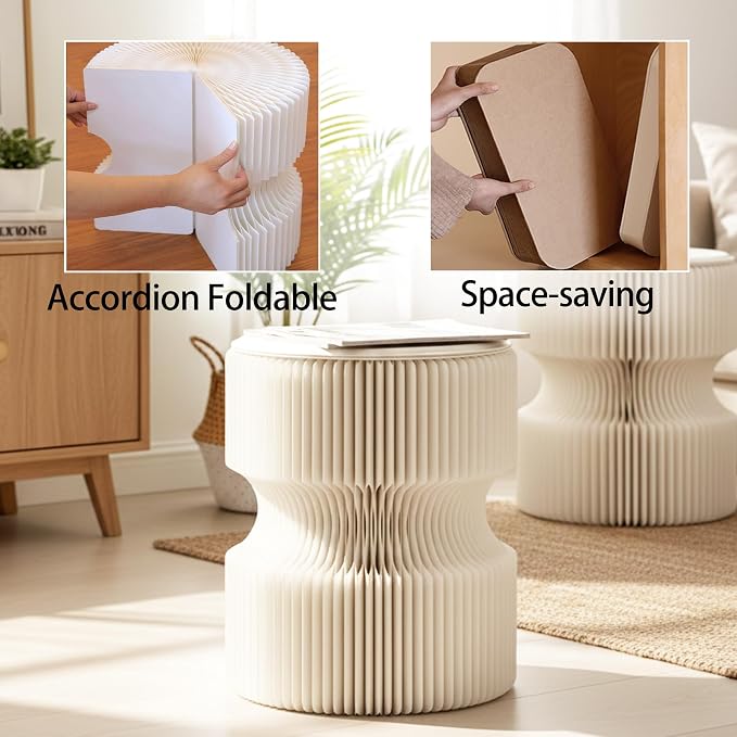Accordion Folding Stool, Modern Kraft Paper Honeycomb Ottoman, Collapsible Portable Footrest Stool, Fold Up Under Desk Seat for Office Entryway Living Room Small Space (15 Inch, White)