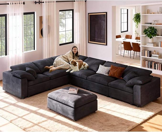 Oversized Modular Sectional Sofa Couch, Large 7 Seater Corner Sofa Modern U Shaped Sectional Couch with Ottoman Cloud Couches for Living Room, Office, Spacious Space, Gray