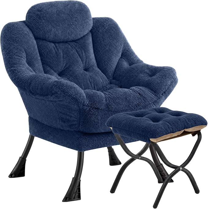 Lazy Chair with Folding Ottoman,Leisure Sofa Chair,Soft Fabric Armchair with Armrests and Side Pockets, Reading Chair with Footrest for Living Room, Bedroom, Office (Plush Navy)