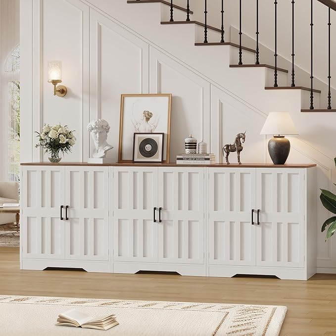 Sideboard Buffet Cabinet, Modern Farmhouse Kitchen Storage Cabinet, 94.5" Modular Accent Cabinet Coffee Station Bar Media Console Table Credenza for Kitchen Dining Room, Living Room Entryway Hallway