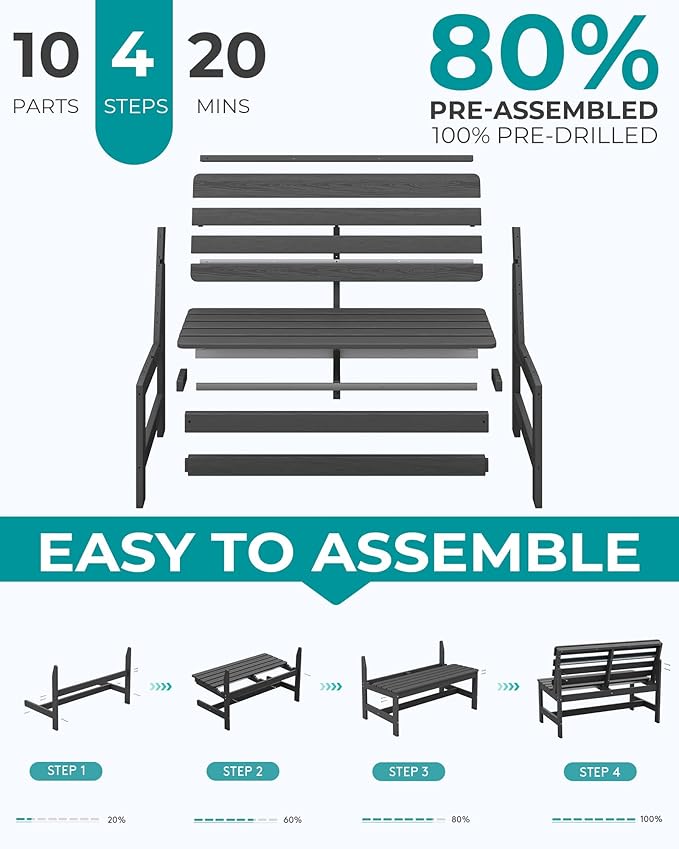 SERWALL Outdoor Bench, All Weather HDPE Outdoor Benches, 2-Person Armless Porch Bench with 600 lbs Weight Capacity, Patio Benches for Outdoors, Porch, Park and Dining, Grey, 2 Pack