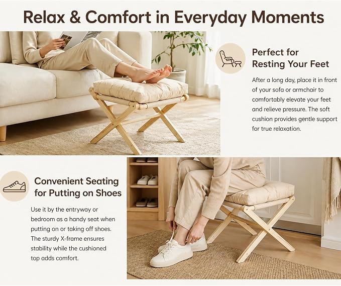 Foldable Foot Stool Ottoman,Bamboo Foldable Stool, Foot Stools Small Ottman with Upholstered & X Legs,Small Ottoman Stool Chair for Bedroom Living Room, Footstool for Chair Couch