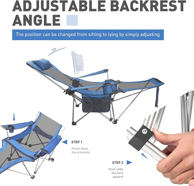 Zero Gravity Chair Reclining Folding Chair with Removable Footrest and Pillow & Cup Holder, Adjustable Outdoor Oxford Fabric Lounge Recliner for Camping, Beach, Garden, Patio, Blue Mesh