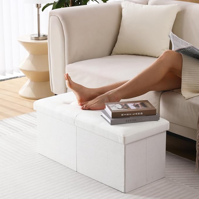 Storage Ottoman Bench Foldable Seat Footrest Shoe Bench End of Bed Storage with Flipping Lid, 75L Storage Space, 30 inches Linen Fabric White, OT026WS