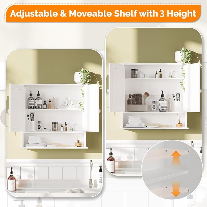 VINGLI Medicine Cabinet with Mirror, Wall Mounted Bathroom Cabinet with Open Shelf, 2-Door White Storage Organizer Over Toilet, Adjustable Shelves for Vanity, Entryway, Kitchen, 22x23 Inch