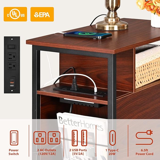 Livofloral Narrow Side Tables with Charging Station, Narrow End Table with Wooden Drawers, USB Ports and Power Outlets, Nightstand and Bedside Table for Bedroom, End Tables Living Room, Espresso